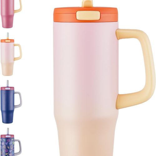 Tumbler with One Touch Straw Lid and Easy Grip Handle Insulated Cup