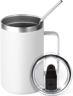 Travel Mug with Sliding Lid and Reusable Metal Straw Insulated Cup