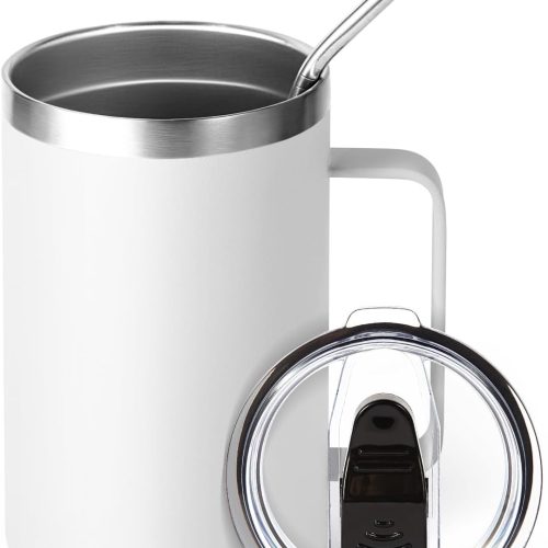 Travel Mug with Sliding Lid and Reusable Metal Straw Insulated Cup