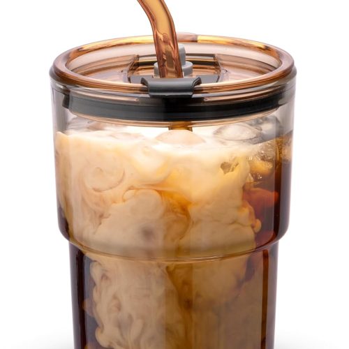 Thickened Glass Tumbler with Leak Proof Lid and Glass Straws Insulated Cup