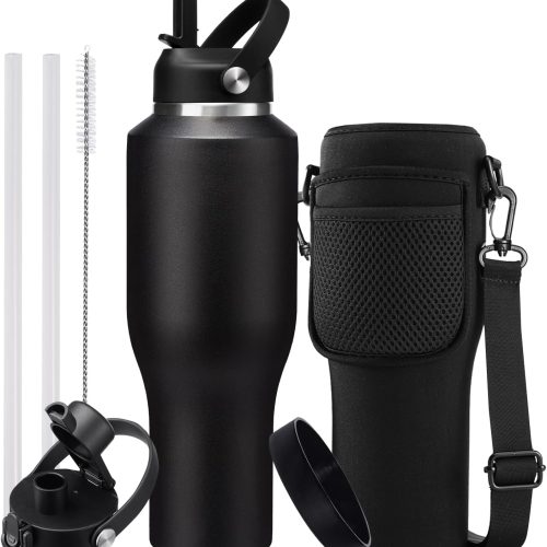 Straw Water Bottle with Two Lids and Carrier Bag Insulated Cup