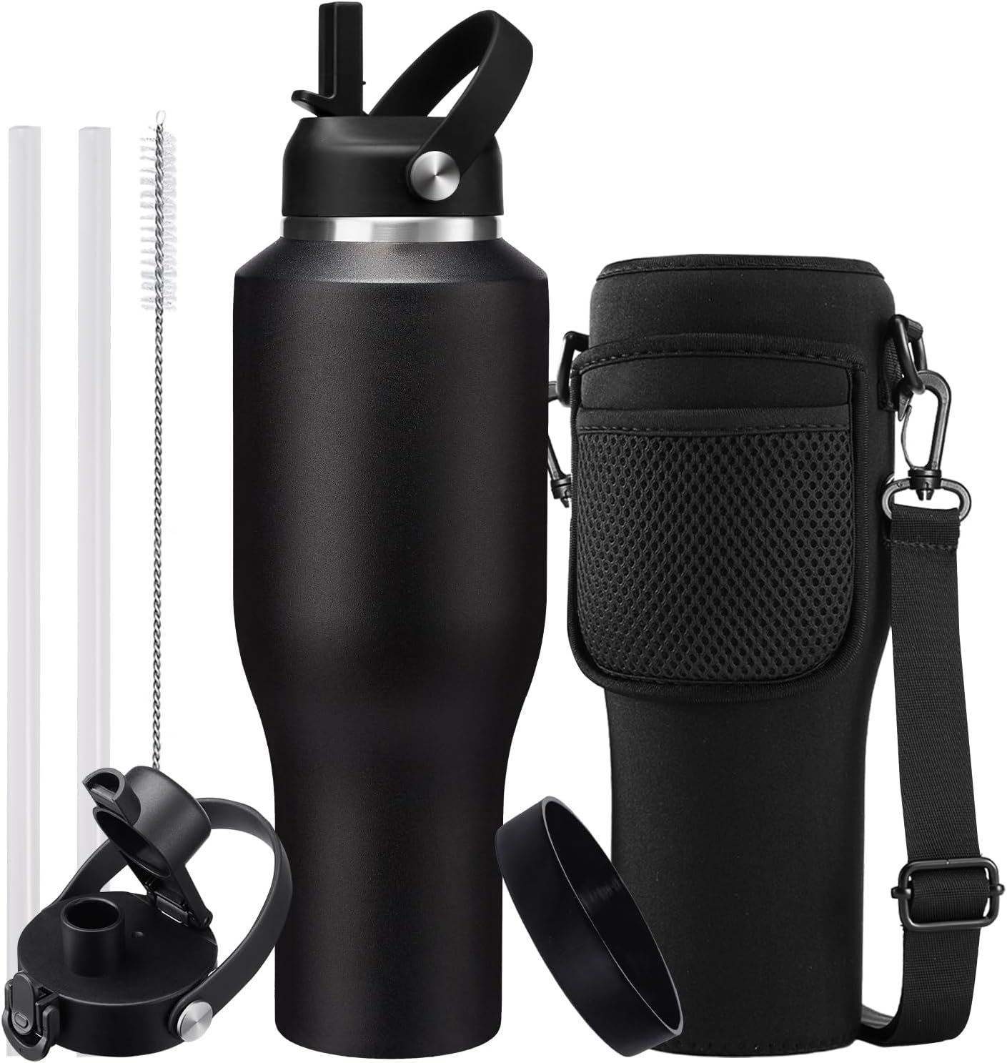 Straw Water Bottle with Two Lids and Carrier Bag Insulated Cup