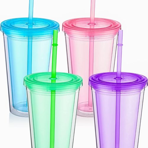 Plastic Tumbler Set with Lids and Straws Insulated Cup